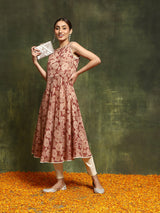 Beige & Rust Floral Print Anarkali - Elganza