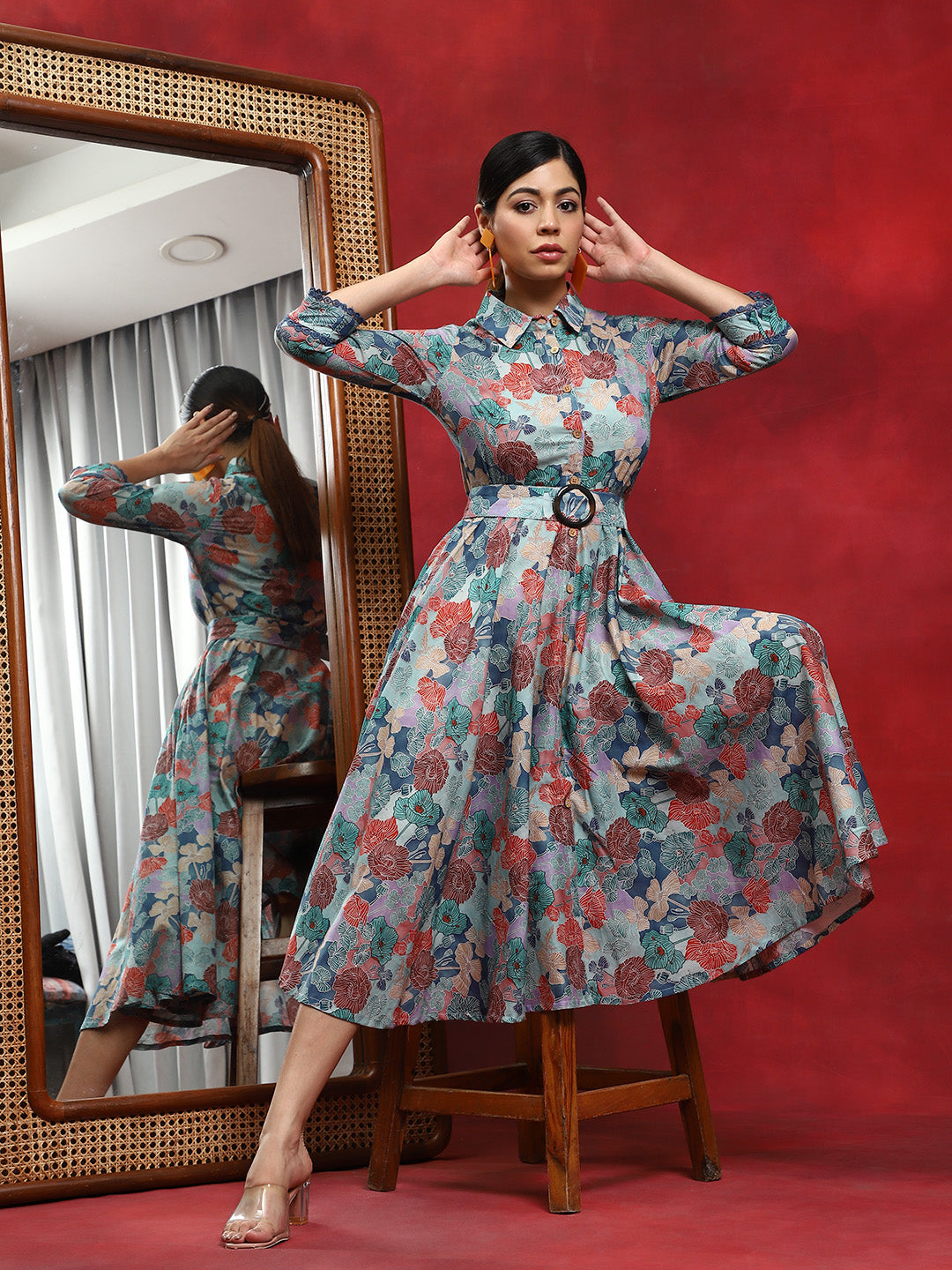 Multicolor Floral Print Button Down Dress - Elganza