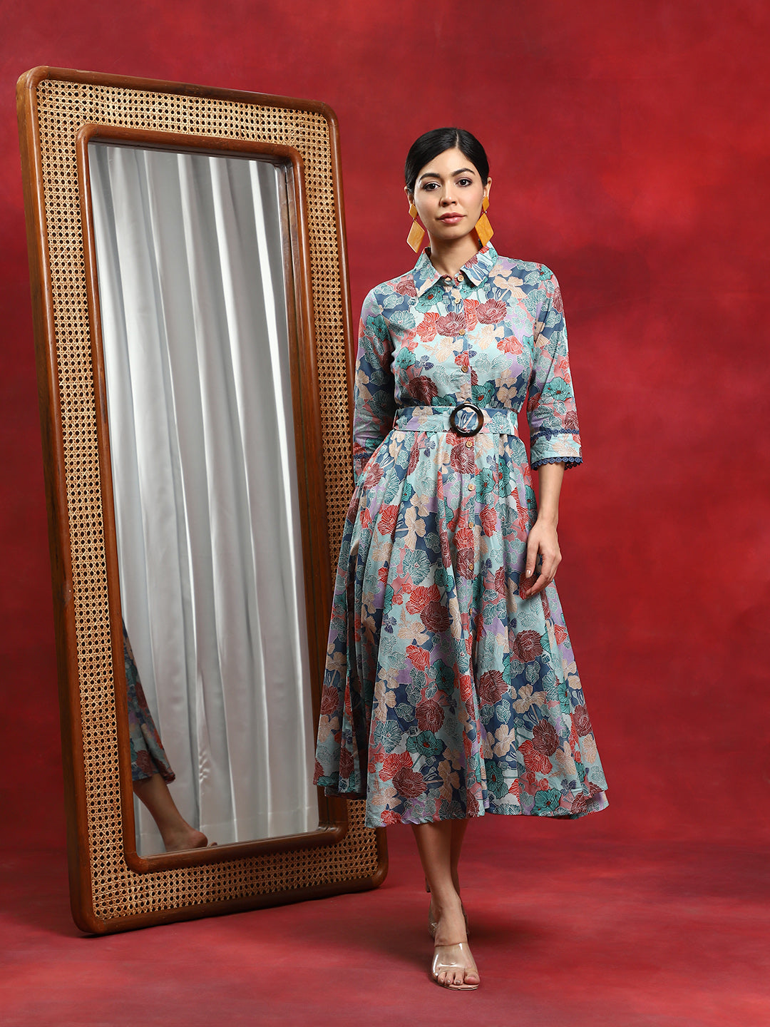 Multicolor Floral Print Button Down Dress - Elganza