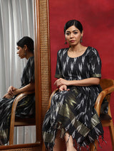 Black Ikat Gathered Dress - Elganza