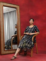 Black Ikat Gathered Dress - Elganza