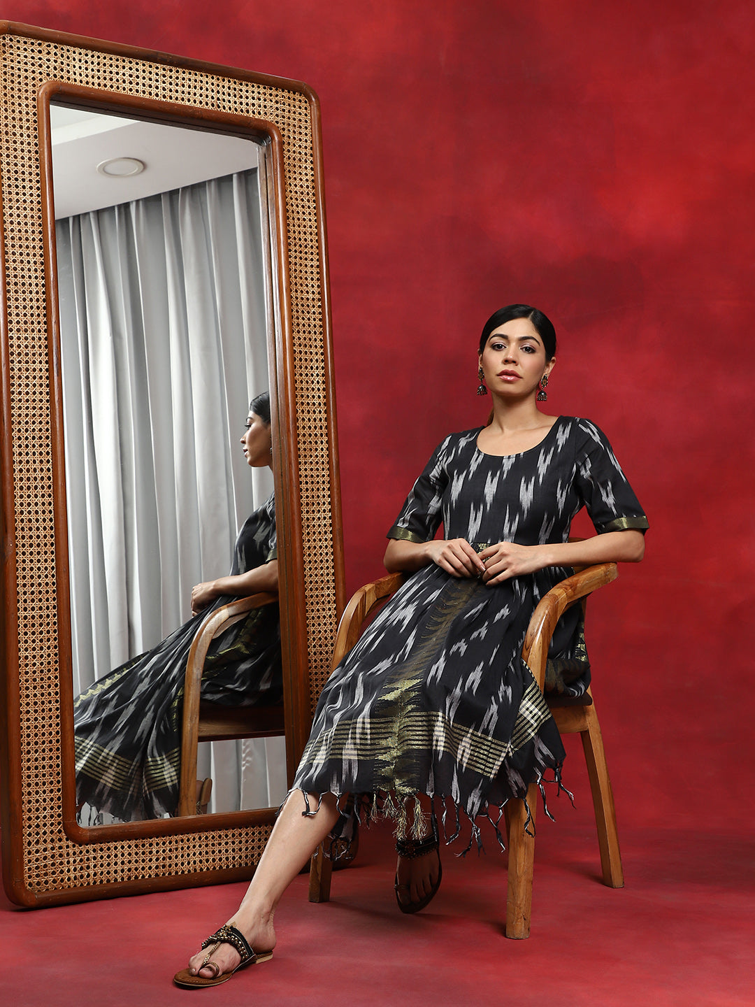 Black Ikat Gathered Dress - Elganza