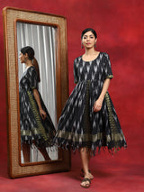 Black Ikat Gathered Dress - Elganza