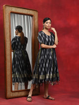 Black Ikat Gathered Dress - Elganza