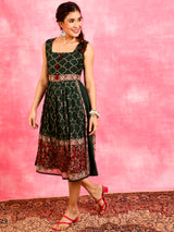 Green Printed Sleeveless Dress - Elganza