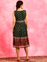 Green Printed Sleeveless Dress - Elganza