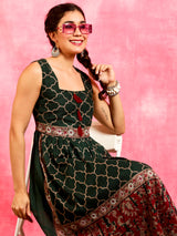Green Printed Sleeveless Dress - Elganza
