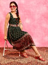 Green Printed Sleeveless Dress - Elganza