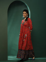 Red Patola Print Flared Maxi Dress - Elganza