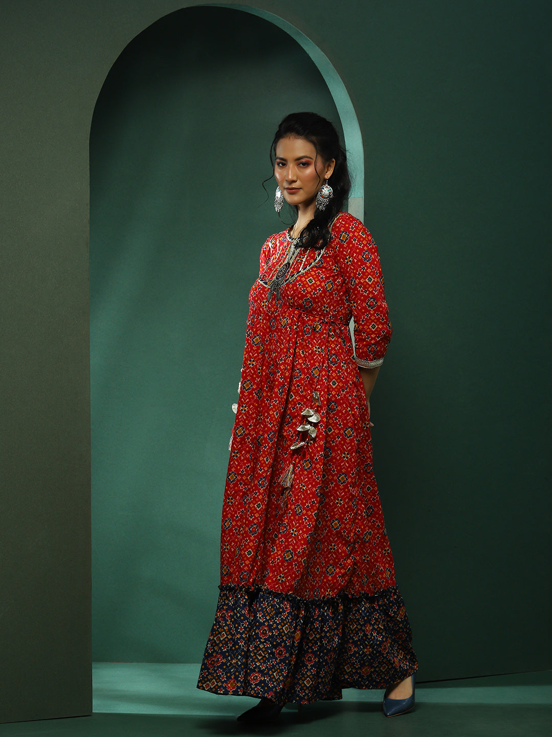 Red Patola Print Flared Maxi Dress - Elganza
