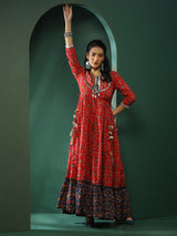 Red Patola Print Flared Maxi Dress - Elganza