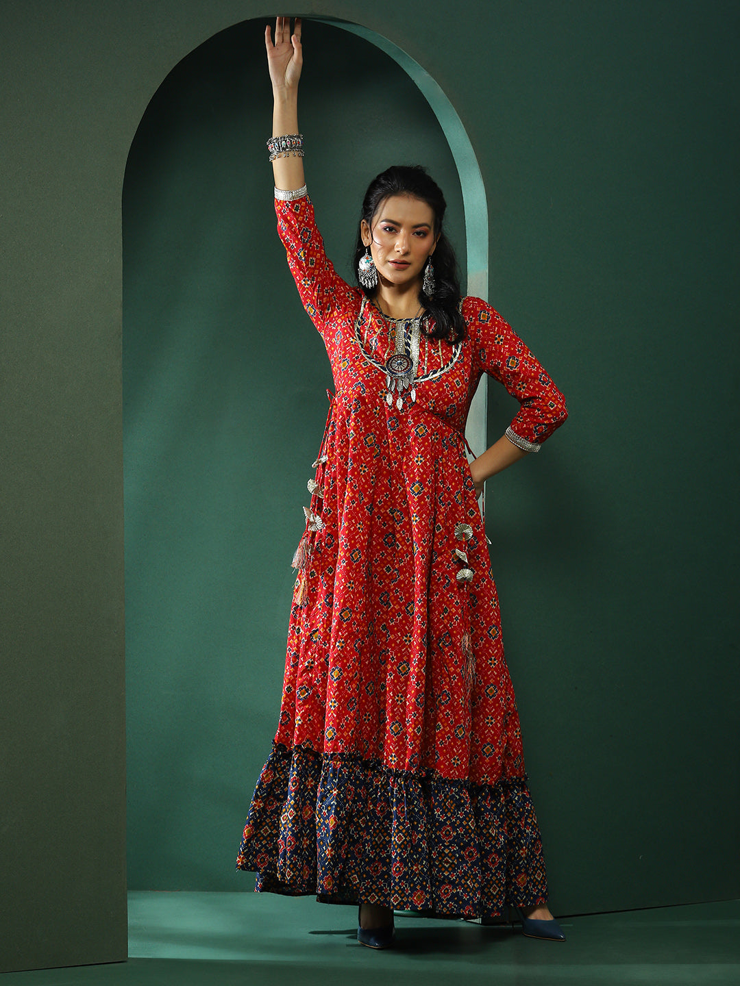 Red Patola Print Flared Maxi Dress - Elganza