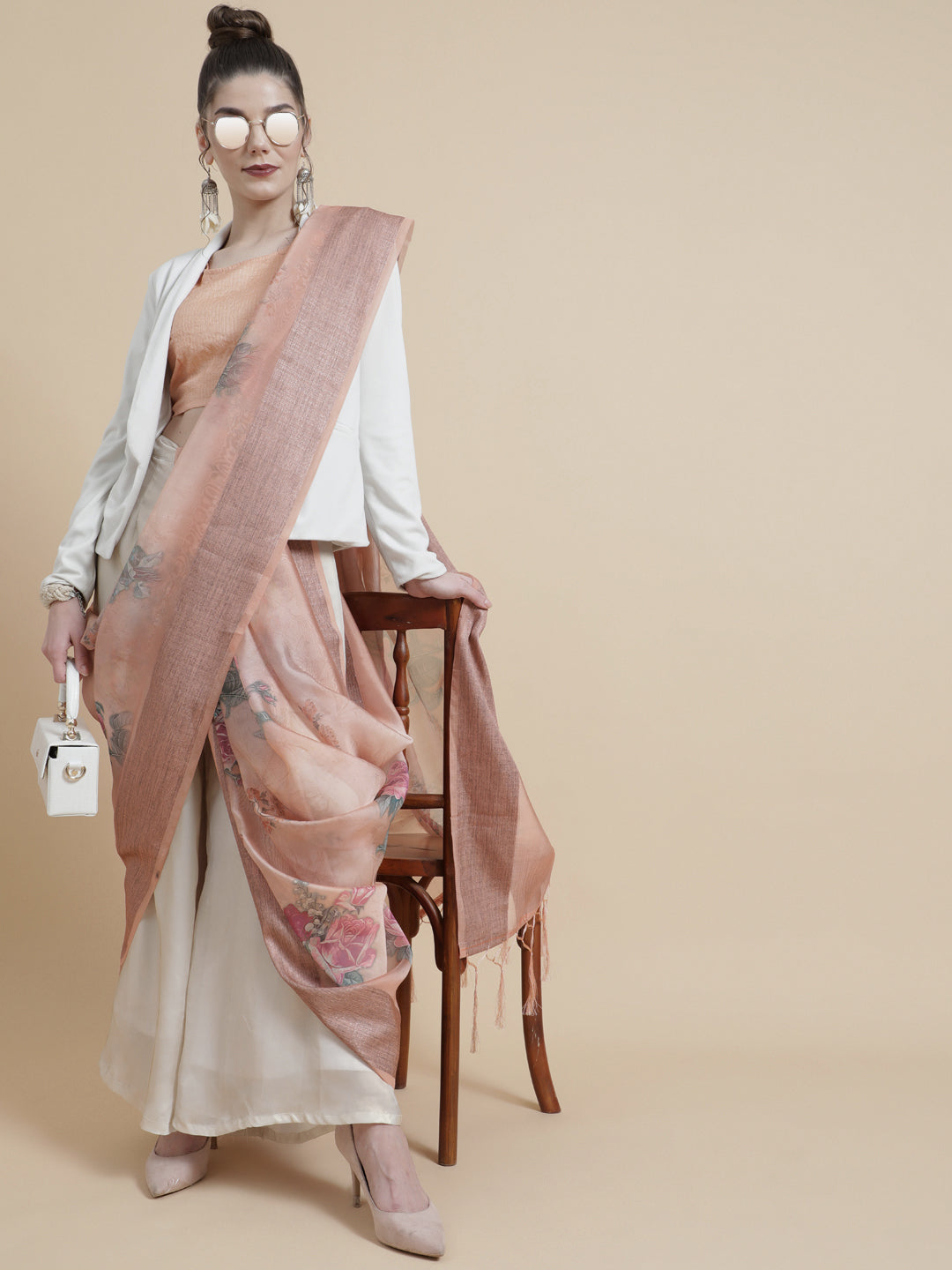 Rose Gold Floral Print Saree With Blouse Piece