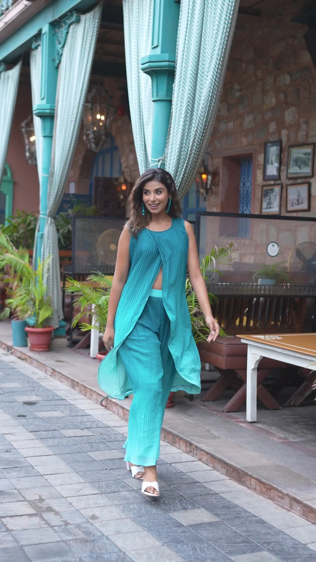 Elegant Green Ombre Pleated Wrap Kurta Set for Women | Georgette A-Line Kurta with Palazzo image 7