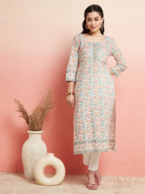White Floral Print Straight Kurta for Women | Pure Cotton Ethnic Wear | Elegant Daily & Festive Outfit image 5