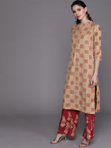 Beige Checked Kurta With Palazzo - Elganza