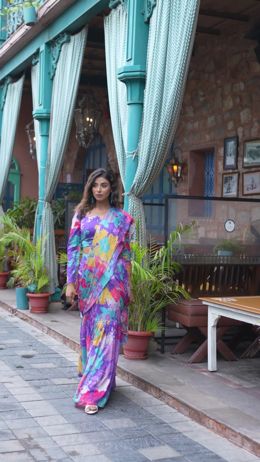 Purple Digital Printed Ready-to-Wear Saree for Women | Poly Chinon Saree with Blouse image 1