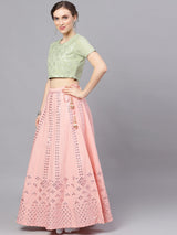 Peach & Green Mirror Work Lehenga Choli With Dupatta - Elganza