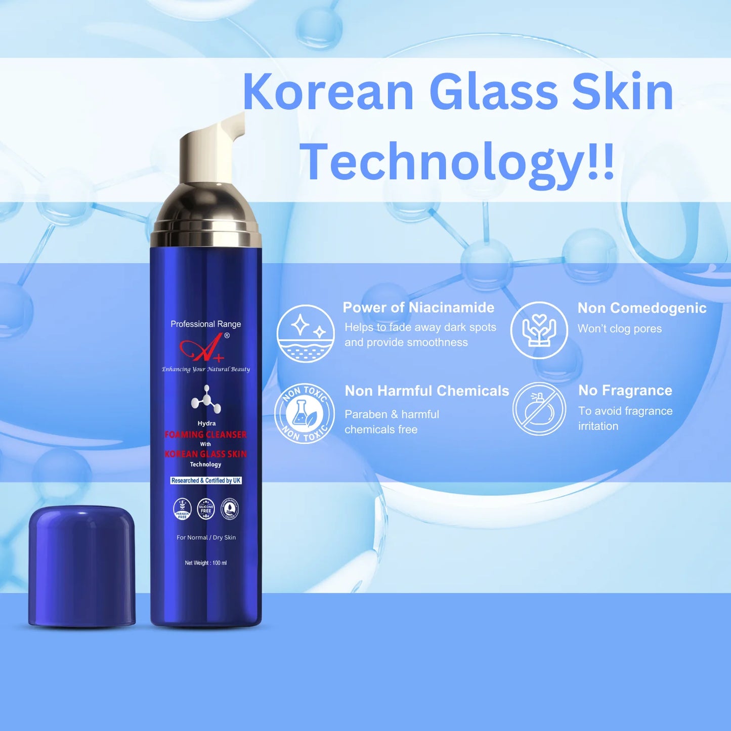 A+ Hydra Foaming Cleanser With Korean Glass Skin Technology (Normal/Dry Skin) – 100 ml image 1