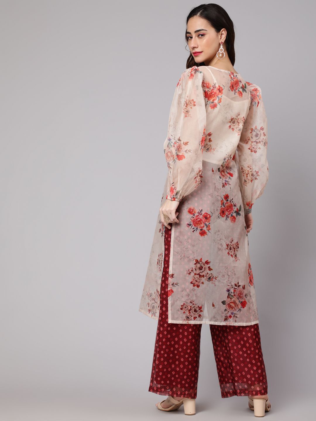 Cream Maroon Floral Print Kurta With Palazzo