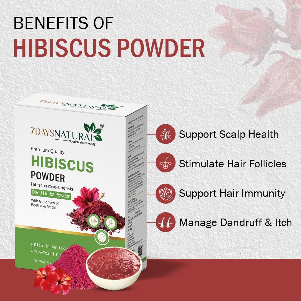 7Days Natural Hibiscus Flower Powder Ideal for Hair pack, Face pack, Eating, and Hibiscus tea | Gudhal Ka Phool Powder | 100% Pure and Natural, No Preservatives- 200gm image 3
