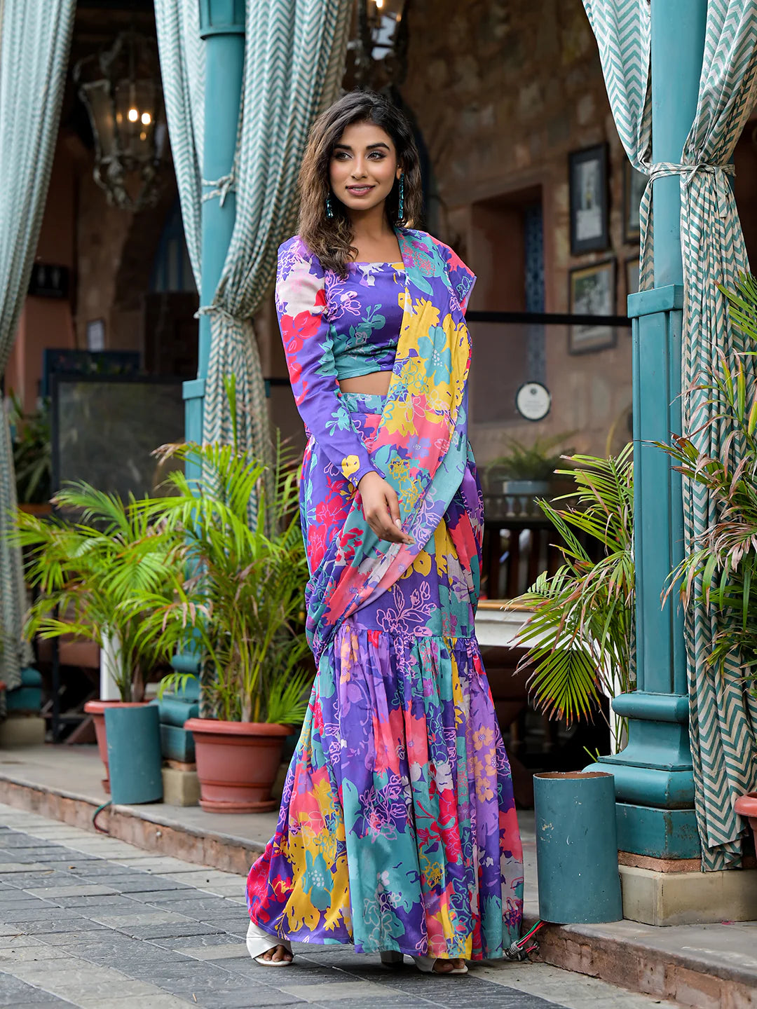 Purple Digital Printed Ready-to-Wear Saree for Women | Poly Chinon Saree with Blouse - XXL image