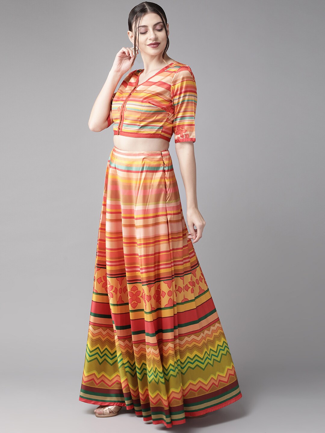 Pink Striped Lehenga Choli With Dupatta - Elganza