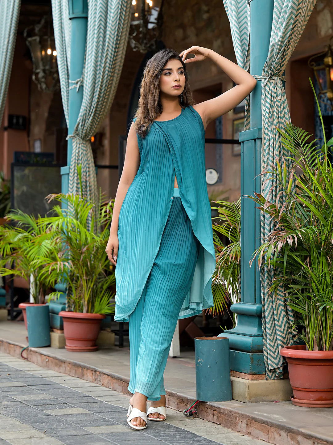 Elegant Green Ombre Pleated Wrap Kurta Set for Women | Georgette A-Line Kurta with Palazzo image 3