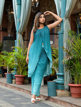 Elegant Green Ombre Pleated Wrap Kurta Set for Women | Georgette A-Line Kurta with Palazzo image 3