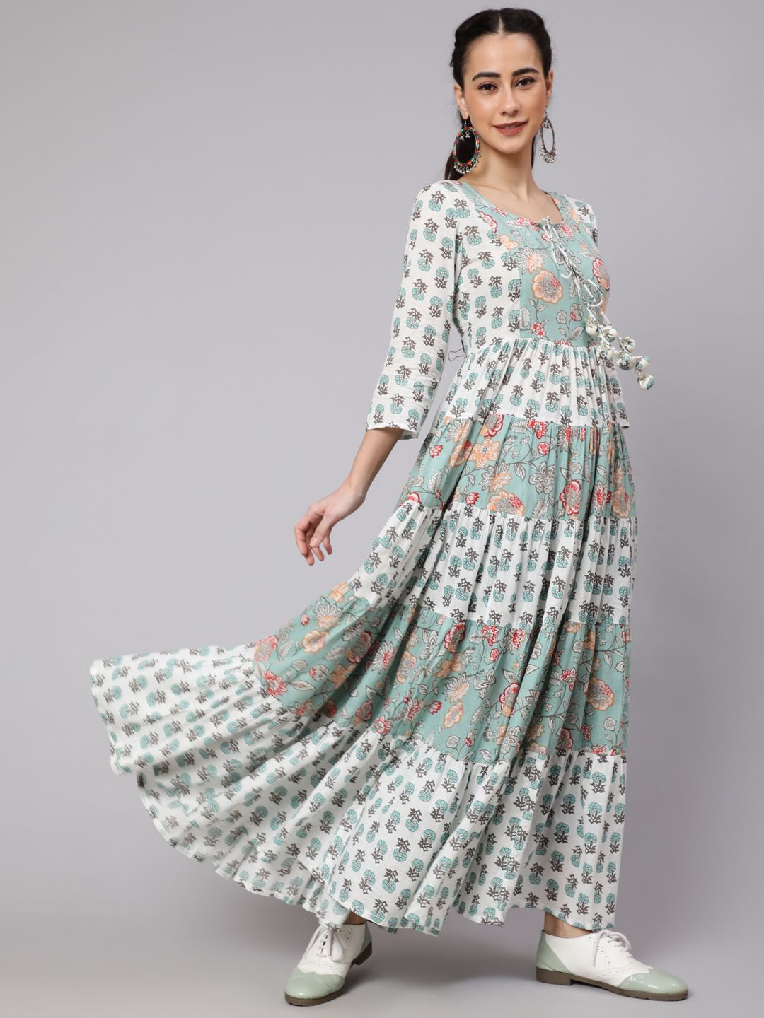 White & Green Floral Print Tiered Maxi Dress - Elganza