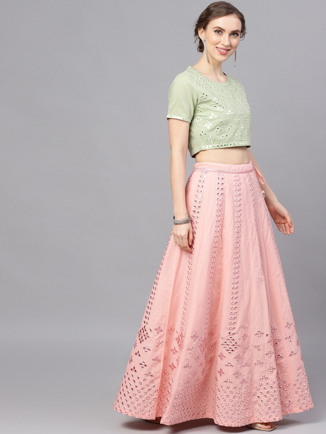 Peach & Green Mirror Work Lehenga Choli With Dupatta - Elganza