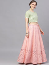Peach & Green Mirror Work Lehenga Choli With Dupatta - Elganza