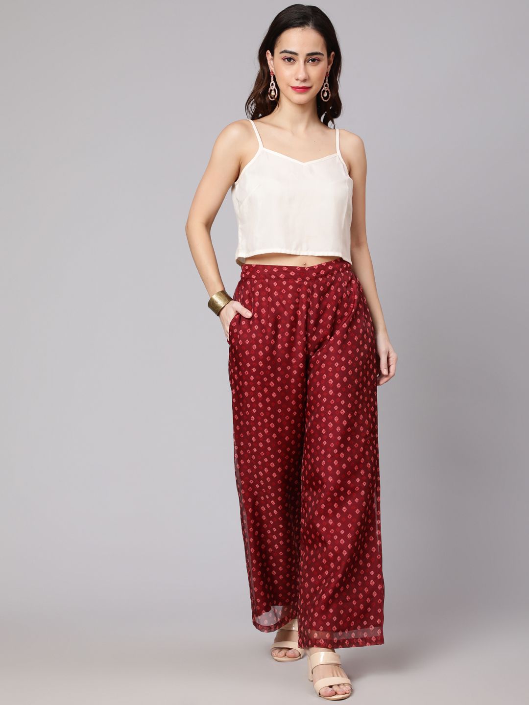 Cream Maroon Floral Print Kurta With Palazzo