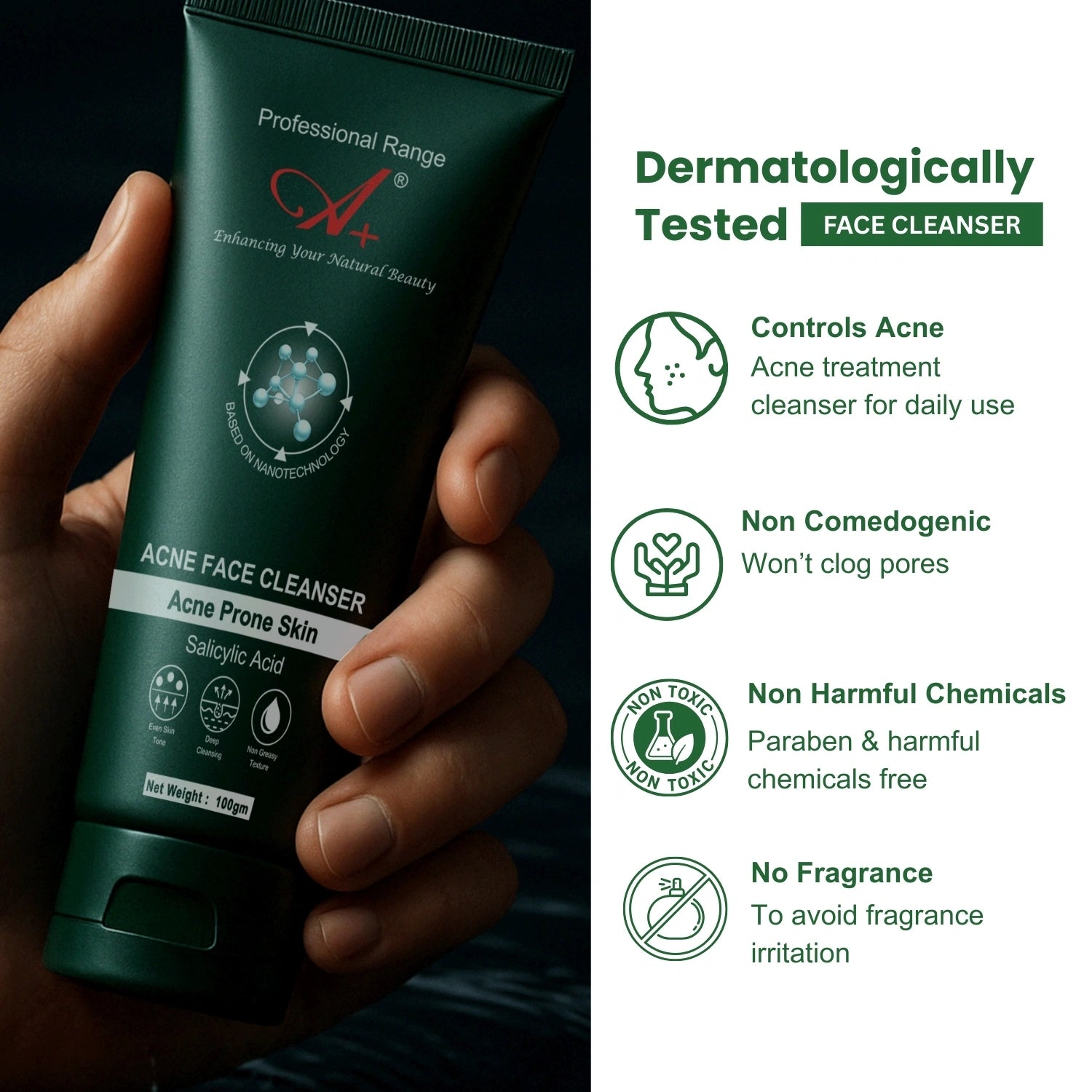 A+ Acne Face Cleanser with 0.5% Salicylic Acid – 100 gm image 3