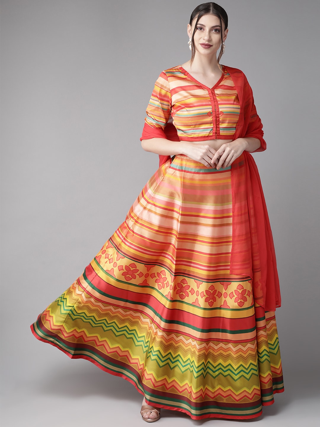 Pink Striped Lehenga Choli With Dupatta - Elganza