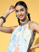 Blue & Yellow Marble Print Top - Elganza