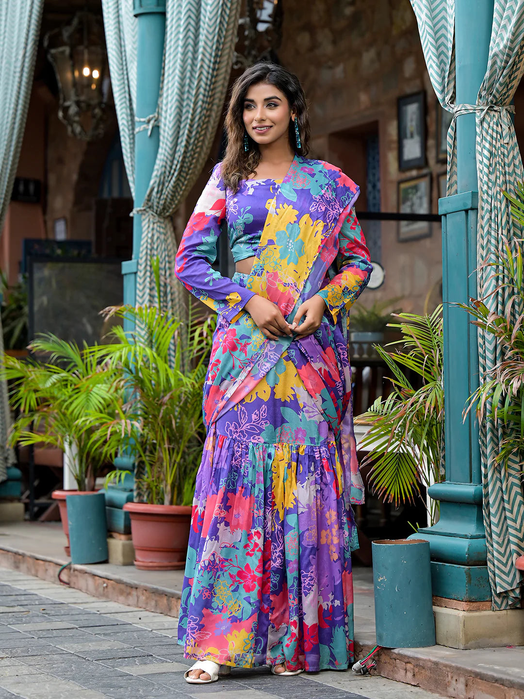 Purple Digital Printed Ready-to-Wear Saree for Women | Poly Chinon Saree with Blouse image 5
