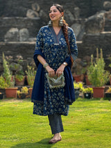Navy Blue Pure Cotton Floral Printed A-line Kurta Pant With Dupatta Set
