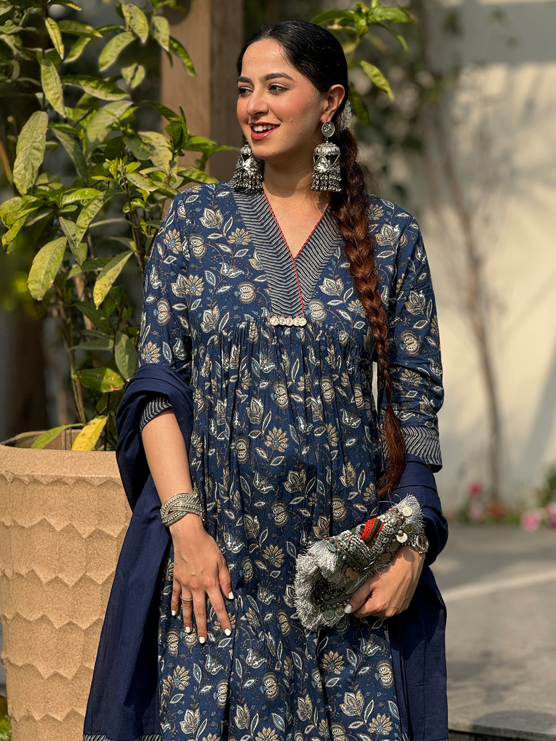 Navy Blue Pure Cotton Floral Printed A-line Kurta Pant With Dupatta Set