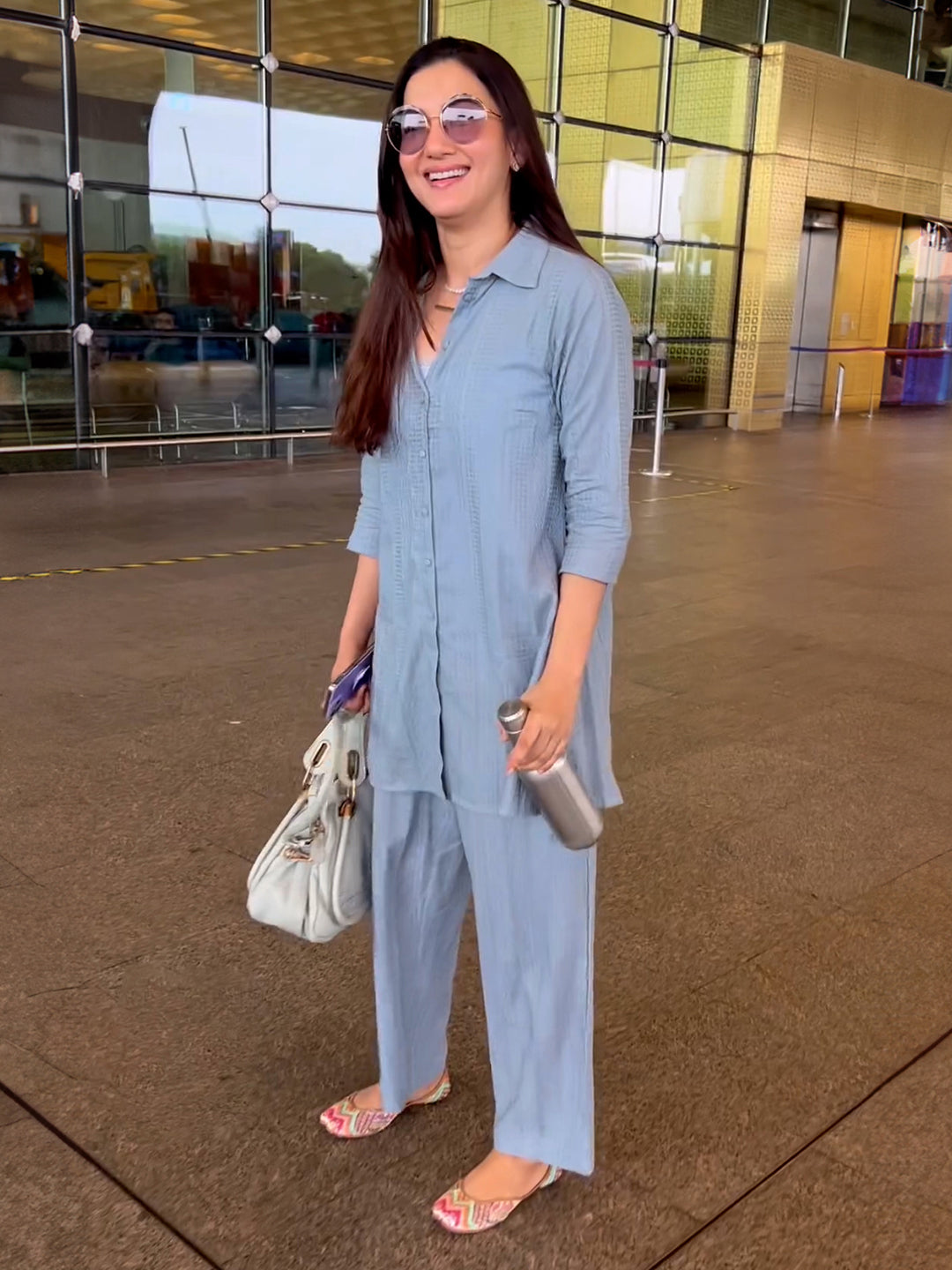 Light Blue Cotton Jacquard Self-Design Shirt Co-ord Set for Women