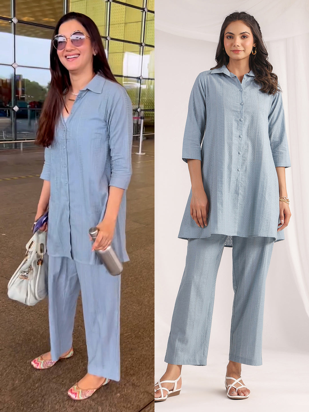 Light Blue Cotton Jacquard Self-Design Shirt Co-ord Set for Women
