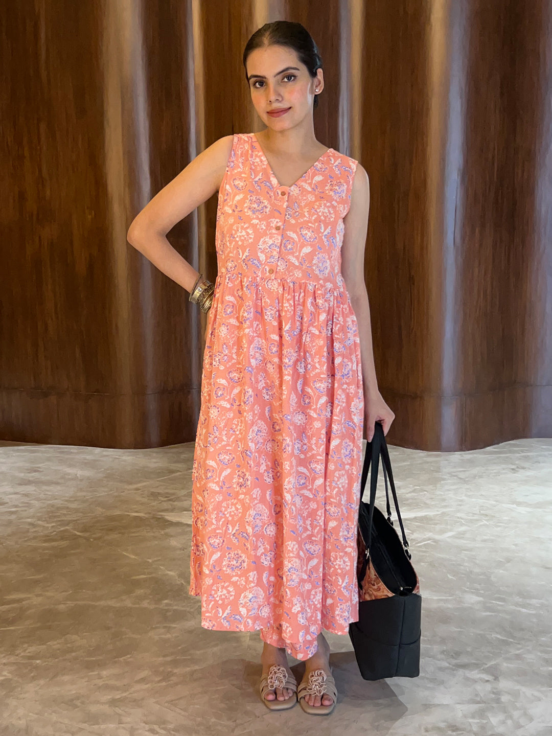 Coral Pure Cotton Floral Printed A-line Kurta Pant Set