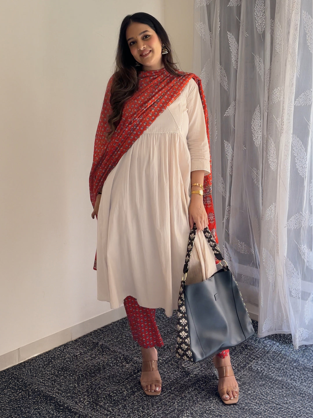 Beige Pure Cotton Floral Printed Angrakha A-line Kurta Set