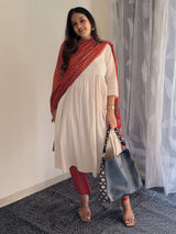 Beige Pure Cotton Floral Printed Angrakha A-line Kurta Set