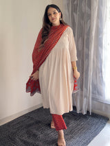 Beige Pure Cotton Floral Printed Angrakha A-line Kurta Set