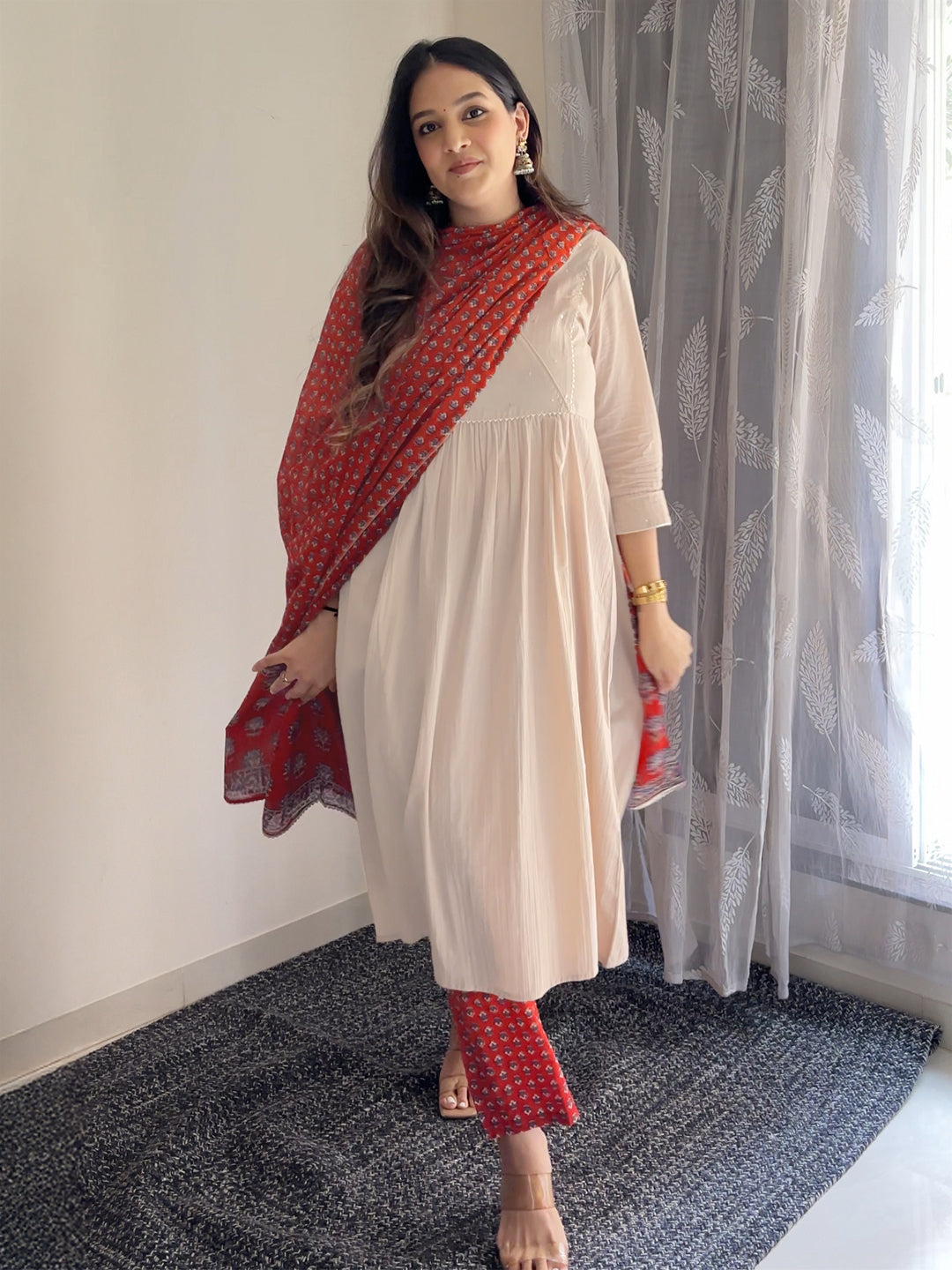 Beige Pure Cotton Floral Printed Angrakha A-line Kurta Set