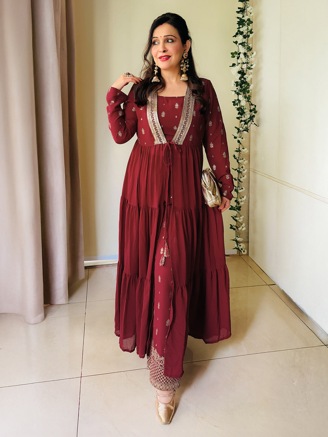 Women's Maroon Georgette Embellished Foil Printed Front-open Tiered Kurta Pant Set