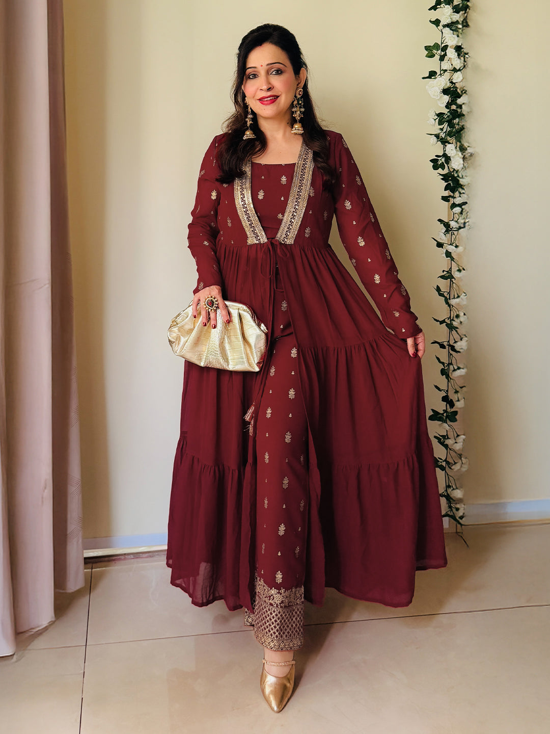 Women's Maroon Georgette Embellished Foil Printed Front-open Tiered Kurta Pant Set