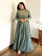 Women's Sage Green Georgette Embellished Foil Printed Gathered Kurta With Dupatta Set