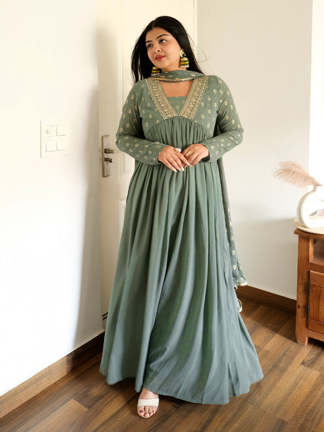 Women's Sage Green Georgette Embellished Foil Printed Gathered Kurta With Dupatta Set